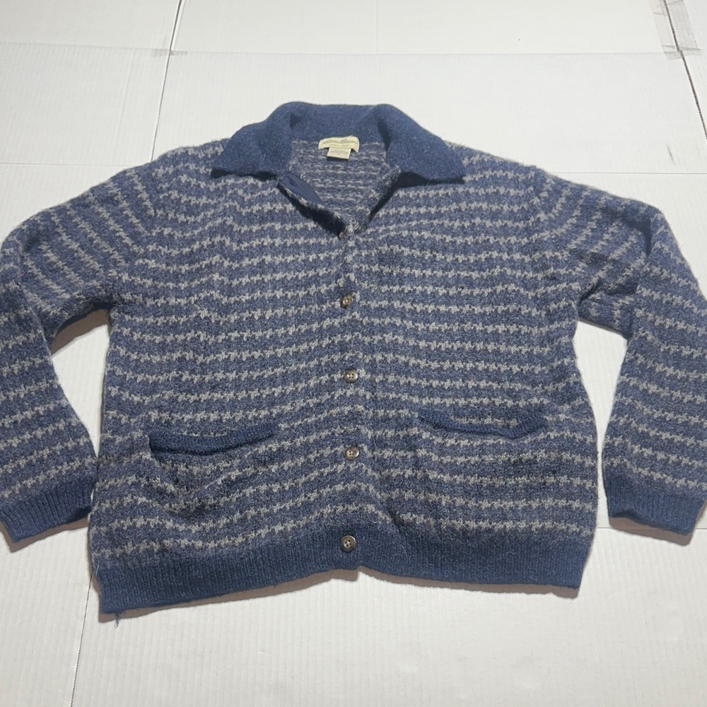 Vintage Eddie Bauer 100% wool Blue and Gray houndstooth Striped Cardigan buttons